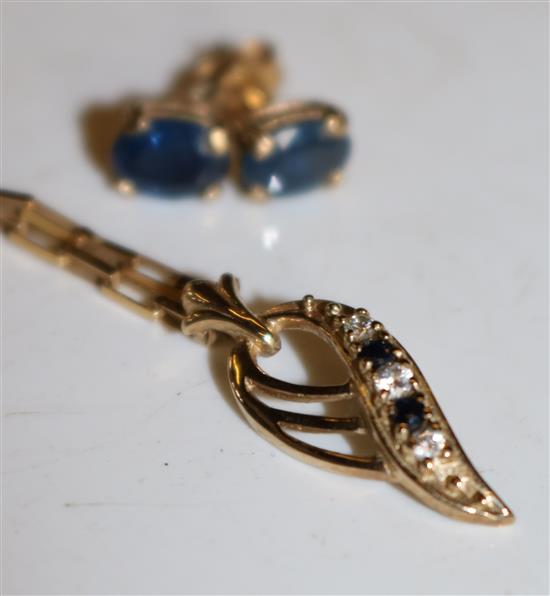 9ct gold sapphire and diamond leaf pendant and chain & a pair of 9ct gold and sapphire stud earrings